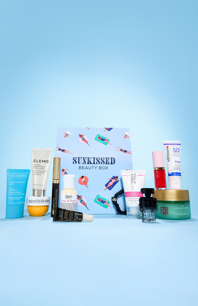 A list of beauty products on a blue background
