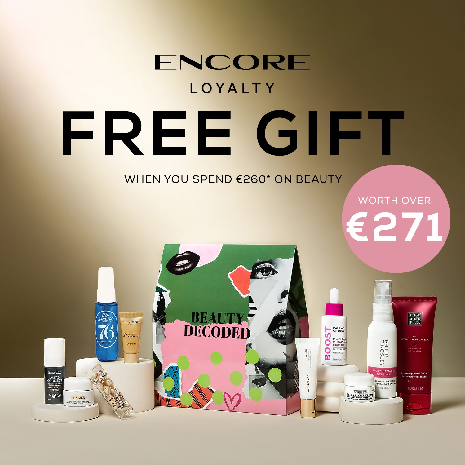 Arnotts graphic for beauty decoded box with encore loyalty overlay and roundel saying worth over 271
