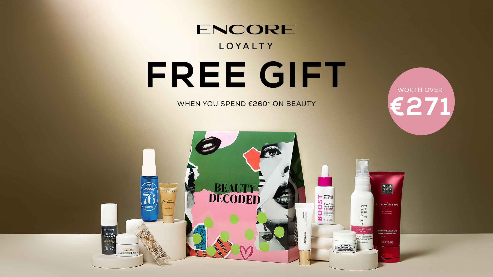 Arnotts graphic for beauty decoded box with encore loyalty overlay and roundel saying worth over 271