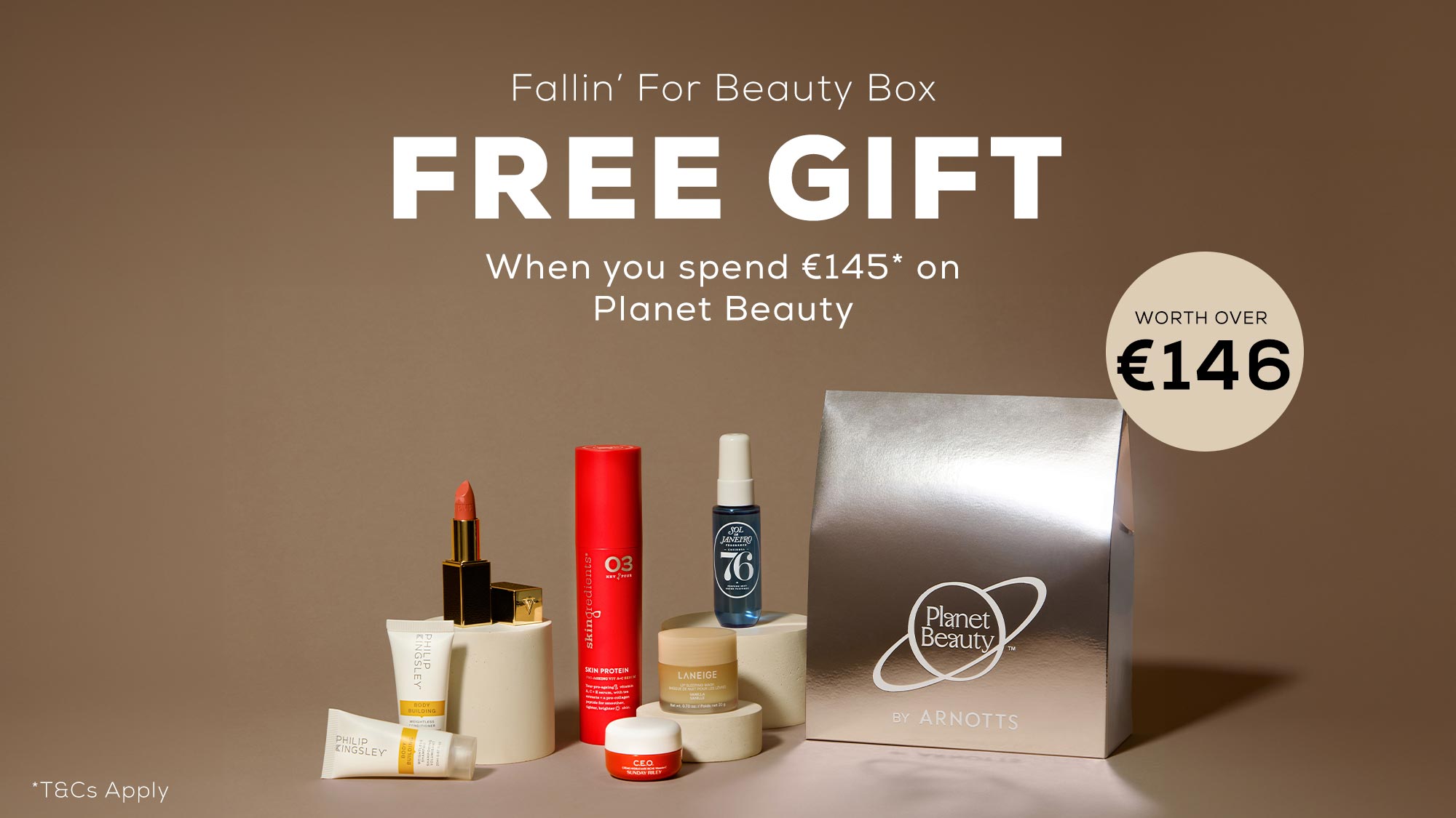 planet beauty box graphic with worth €146, spend €145 to get it free