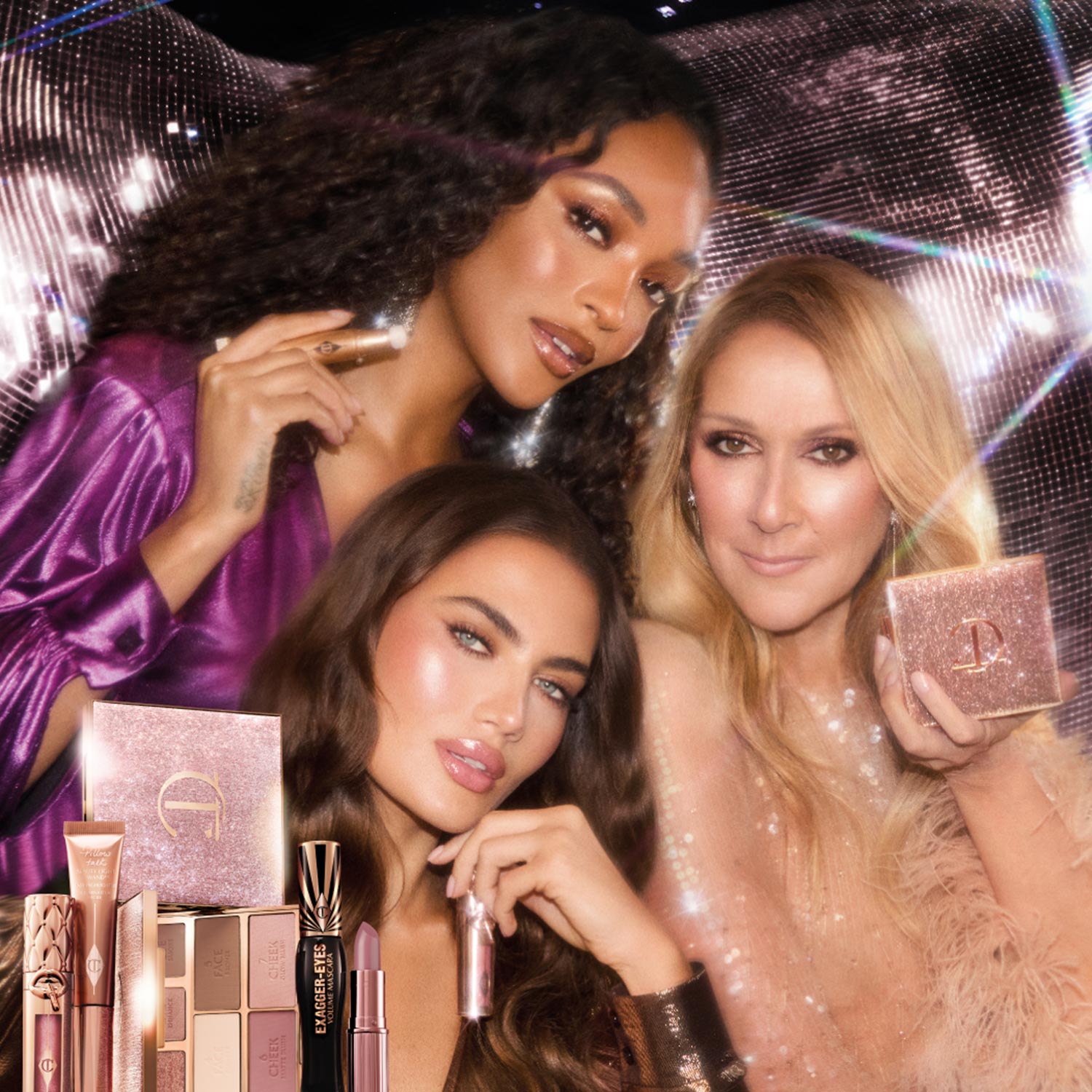 Three women posing with makeup products against a sparkly backdrop.