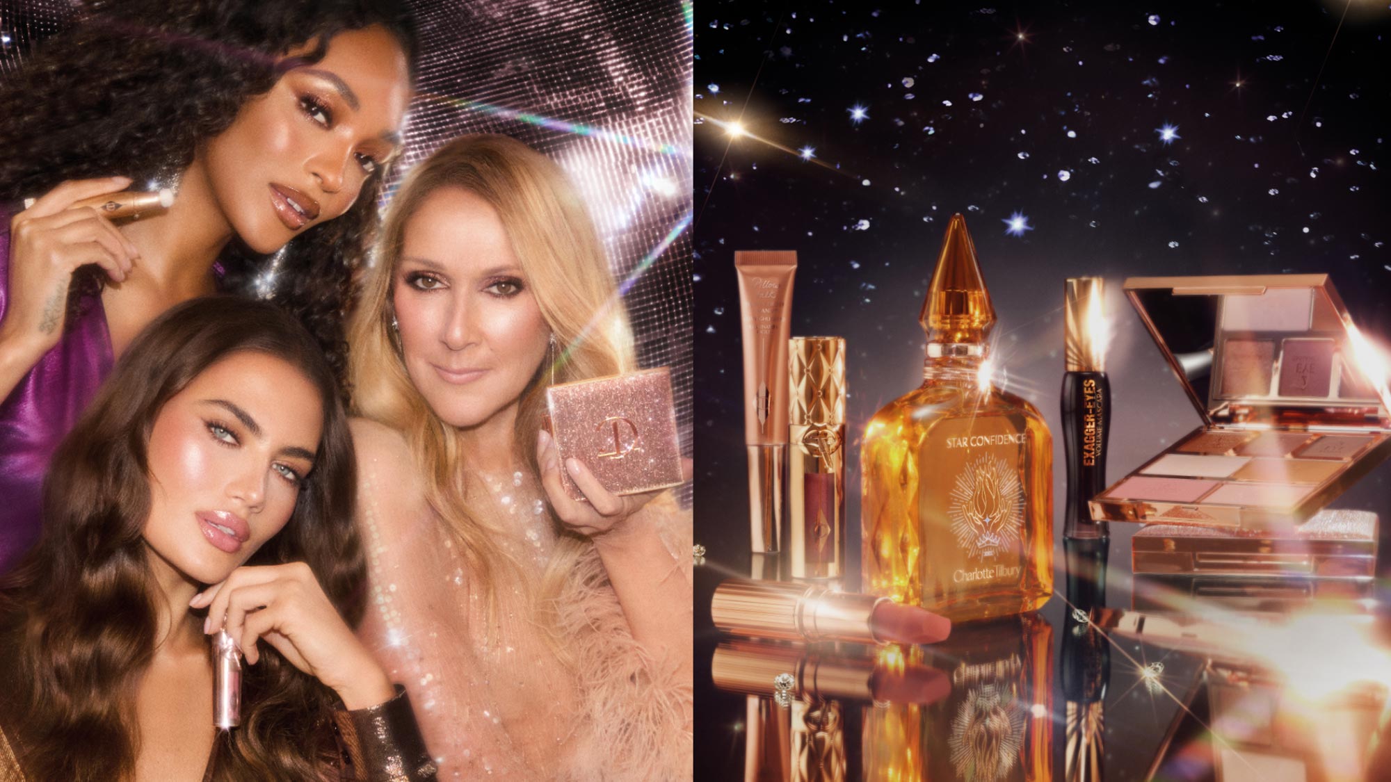Three women posing with makeup products against a sparkly backdrop.
