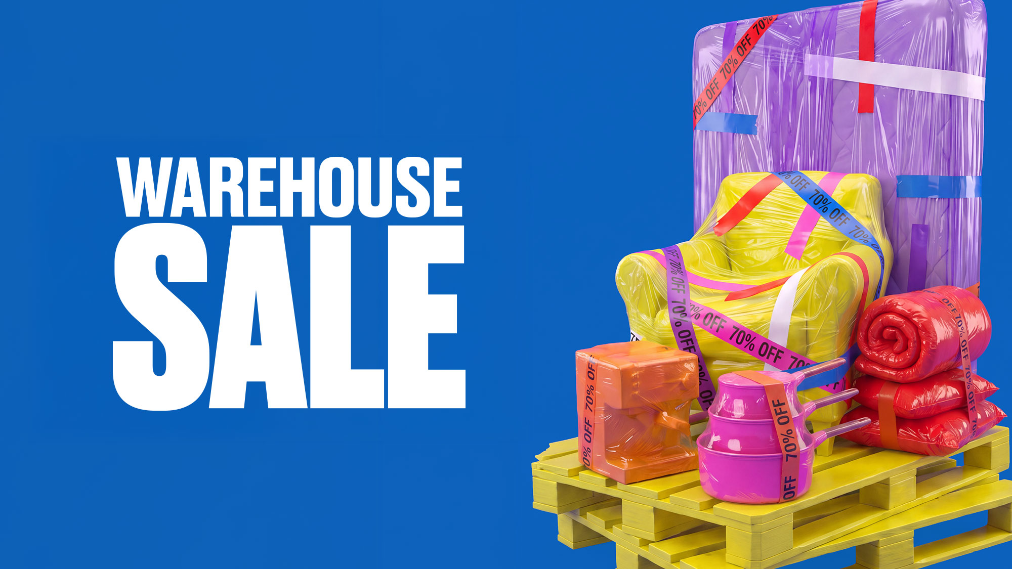 Blue warehouse creative with furniture and electrical products wrapped up in sale percentage ribbon