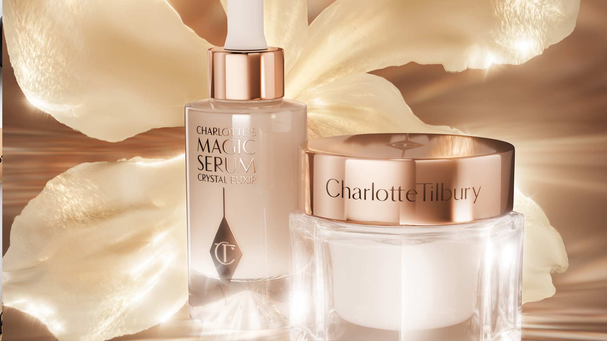 A glowing, open jar of cream with a lid featuring a geometric logo, surrounded by sparkling lights and a dynamic swirl.