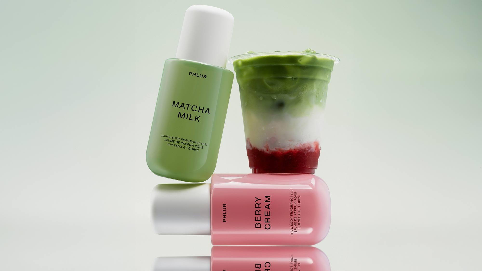 Phlur Matcha Milk & Berry fragrance, earthy-sweet matcha with juicy strawberry and violet notes
