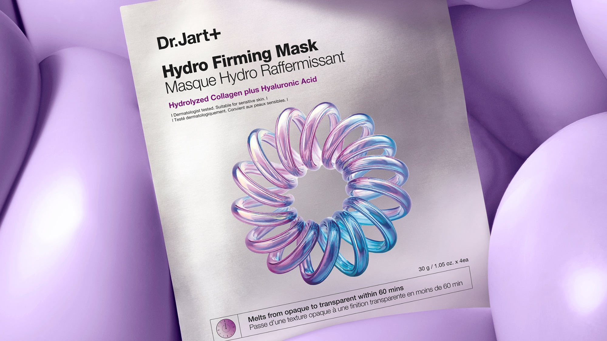 Dr. Jart+ Hydro Firming Mask packaging featuring purple and blue spiral design, displayed against purple background with text highlighting hydrolysed collagen and hyaluronic acid