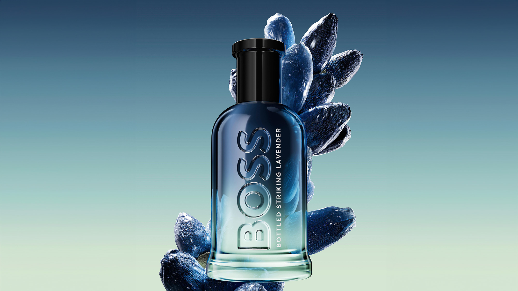 Hugo Boss Bottled Striking Lavender fragrance bottle in blue gradient with decorative lavender buds