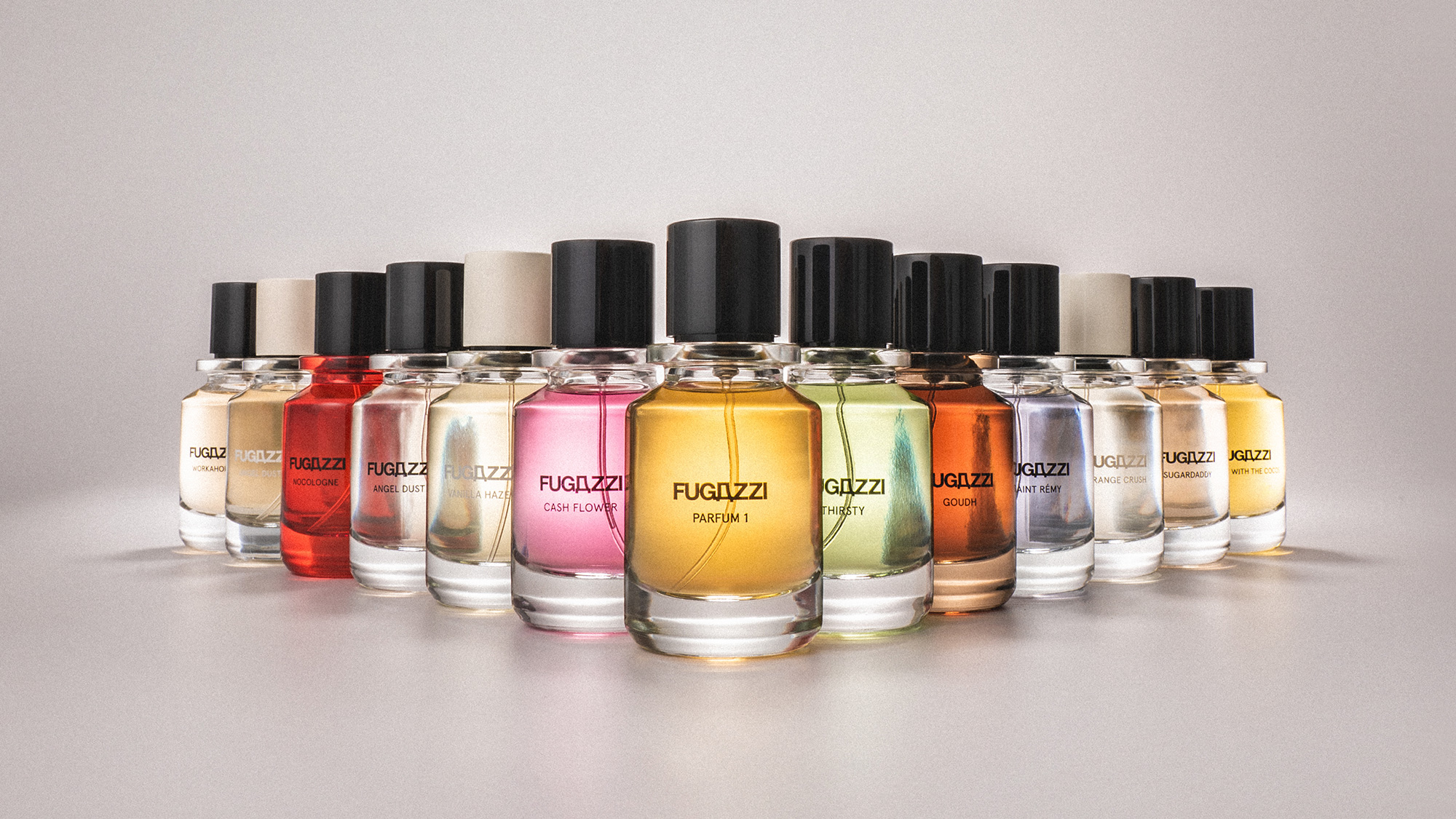 Collection of Fugazzi fragrances in various colours and scents