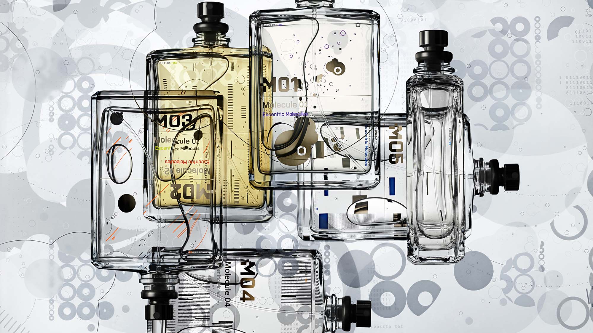 Four Escentric Molecule fragrance bottles in clear and yellow glass with molecular pattern background design