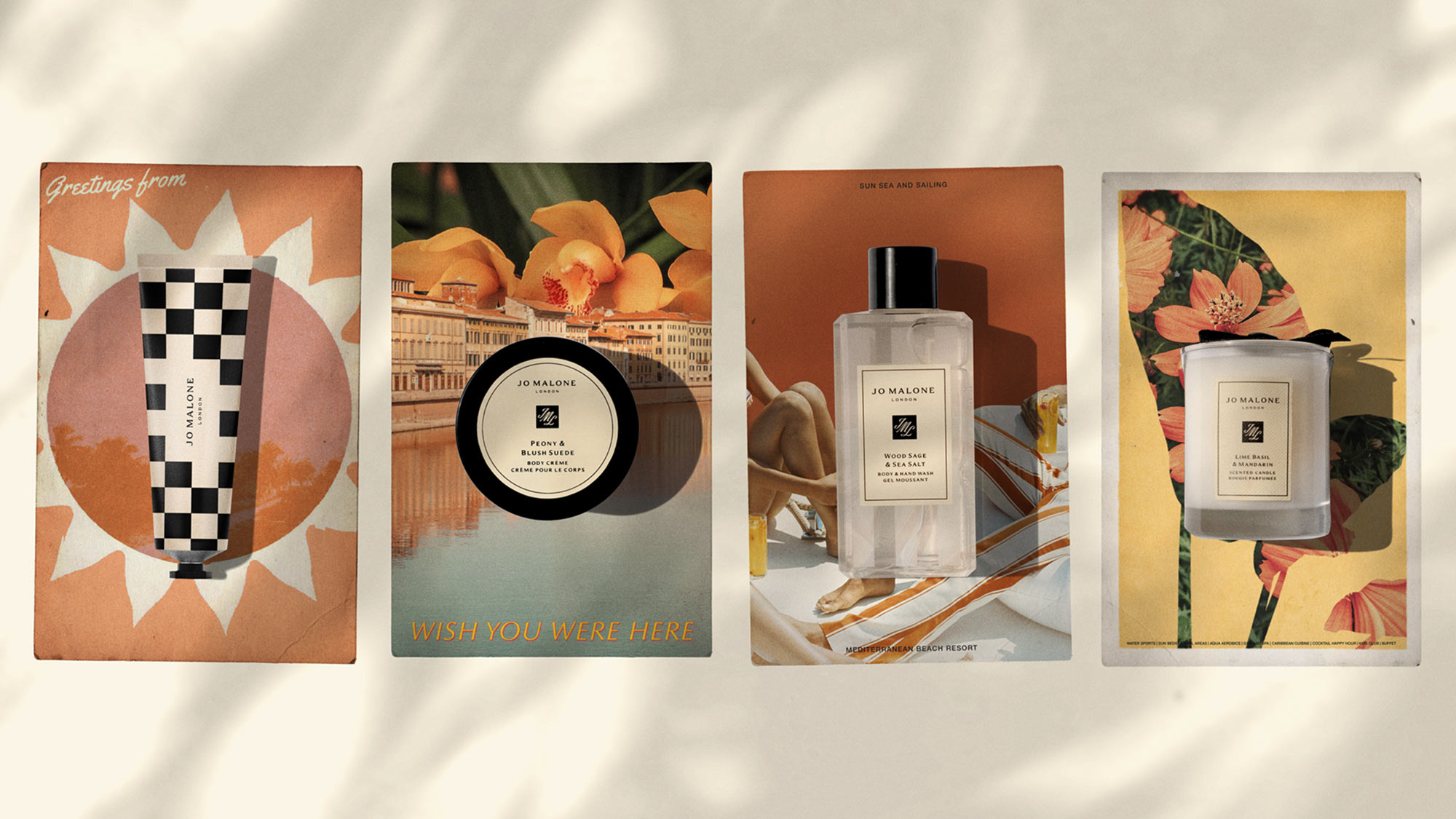 Four Jo Malone fragrance collection cards featuring decorative designs with scents and coastal-inspired artwork