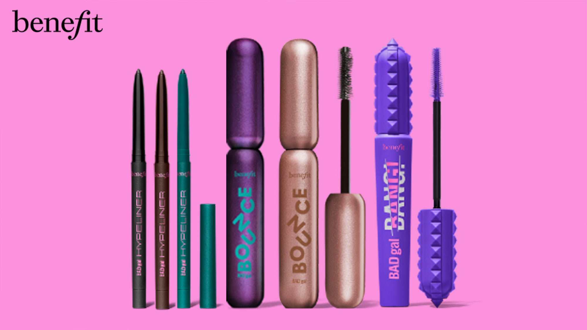 Benefit Bad Gal eye products including eyeliner pencils, mascaras, and eyeshadow in various colours on pink background