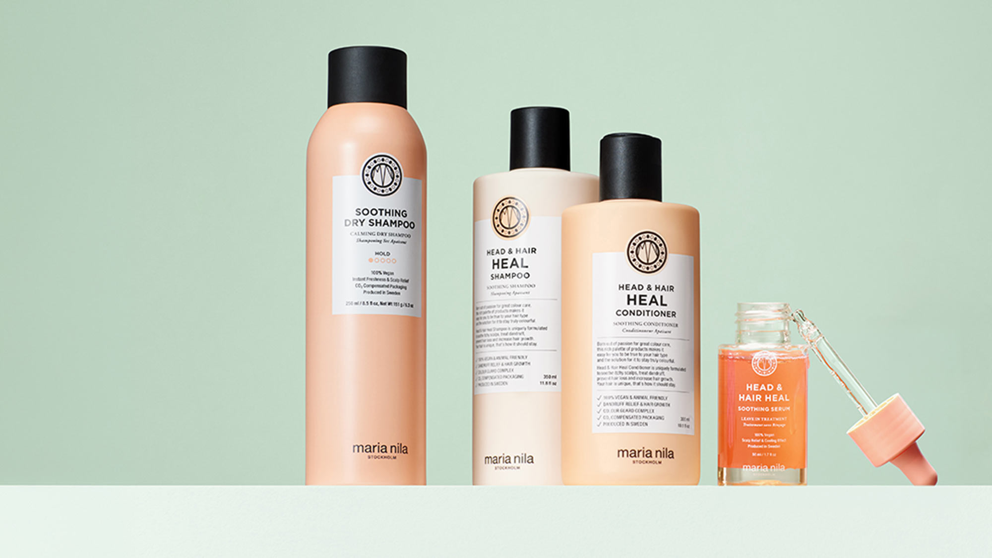 Maria Nila hair care collection including soothing dry shampoo, head and hair heal shampoo, conditioner, and soothing serum