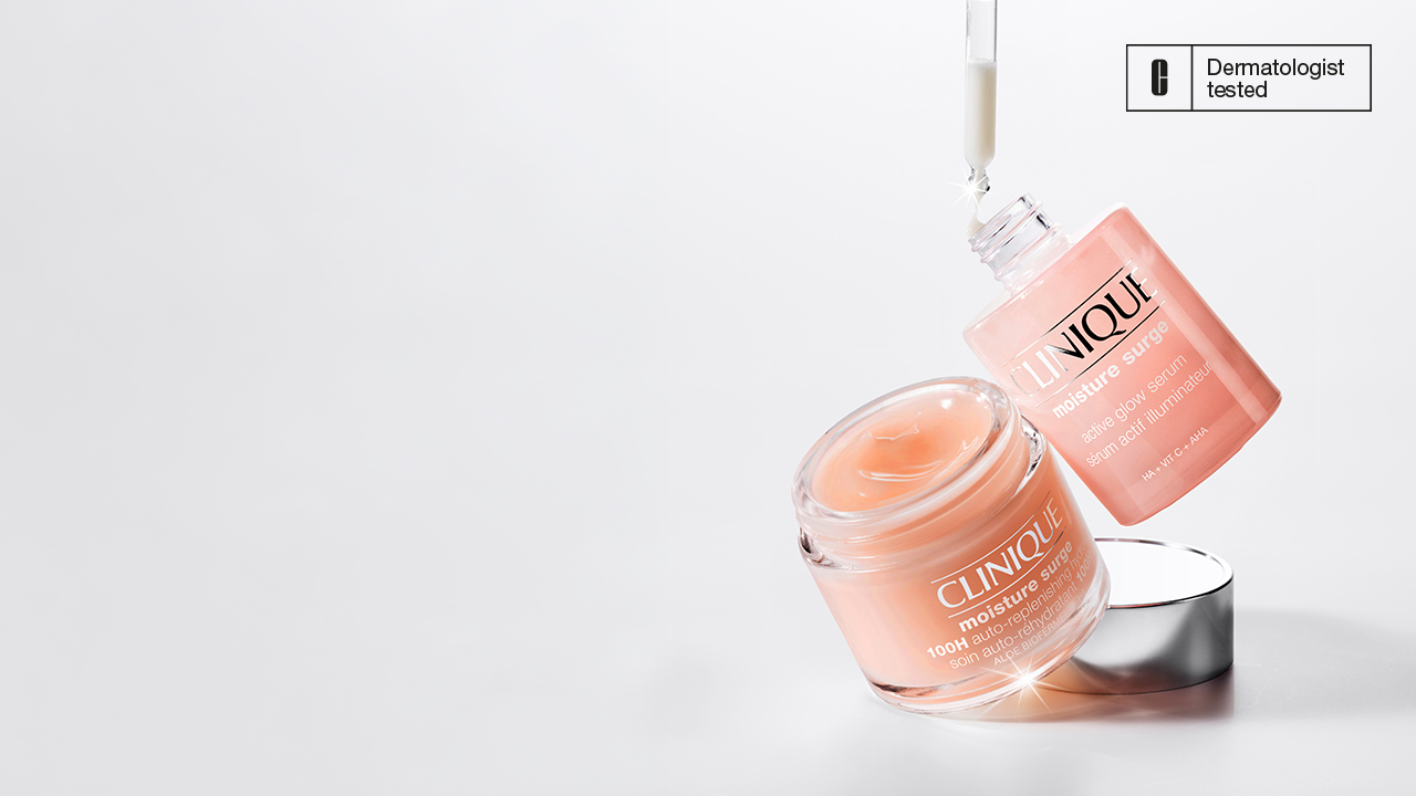 A Clinique skincare set featuring a moisturizing gel and serum against a light background, with a 'Dermatologist tested' label.