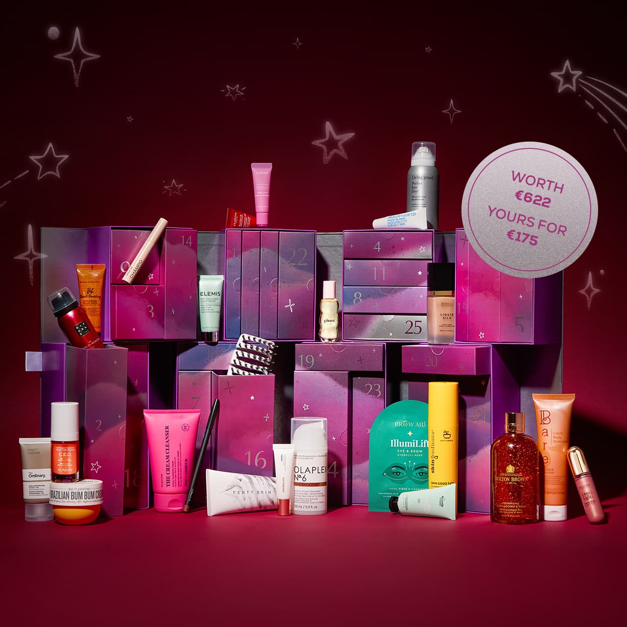 Assorted beauty and skincare products displayed against a starry, purple backdrop with boxes and a “Worth €622 Yours For €175” label.