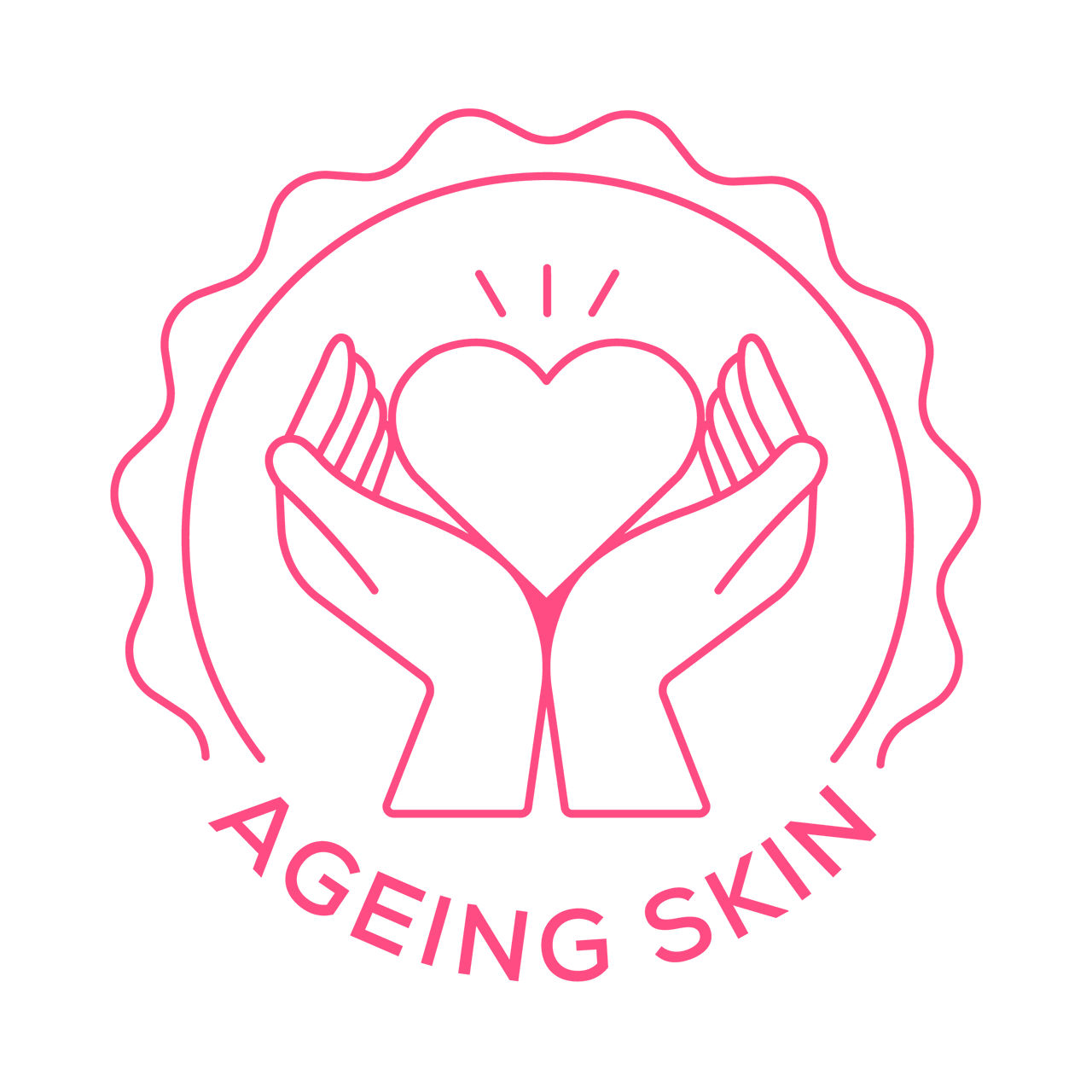 Two hands holding a heart with the words 'Ageing Skin' beneath in pink outline.