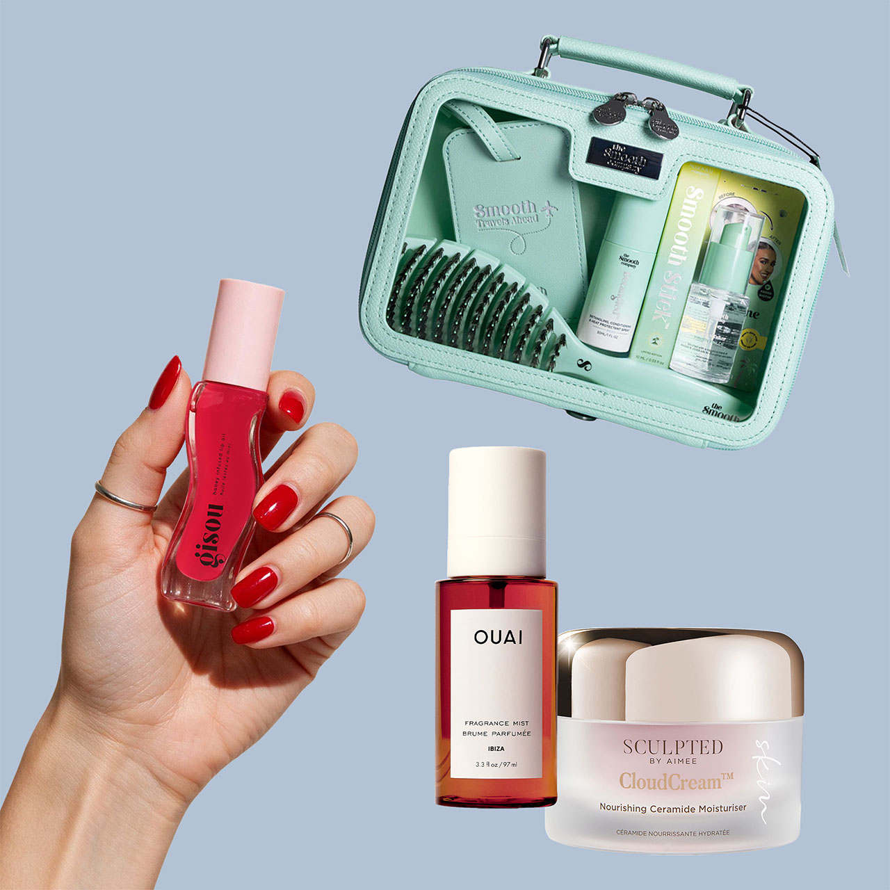 A backdrop features a hand with red nails holding a pink lip oil. Above, an open teal beauty case containing hair styling tools and products is visible. Below, two additional pink lip oil bottles are displayed on a blue background.