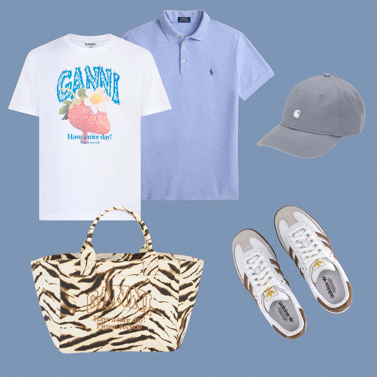 Collage of casual summer clothing and accessories against a blue background. Includes a white T-shirt with 'GANNI' and floral print, a light blue polo shirt, a grey baseball cap, zebra-patterned tote bag, and white canvas trainers.