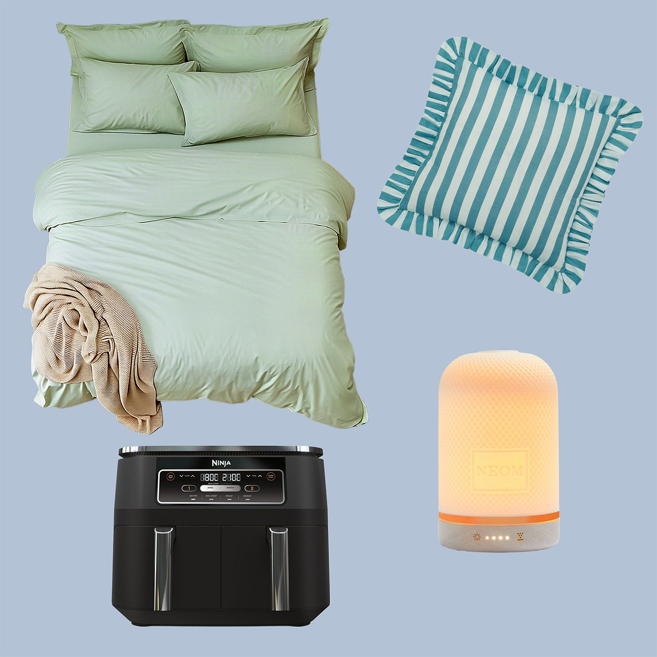 A collage featuring a sage green bed set with pillows and a blanket, a striped blue and white cushion, a black Ninja air fryer, and an orange Neom diffuser on a blue background