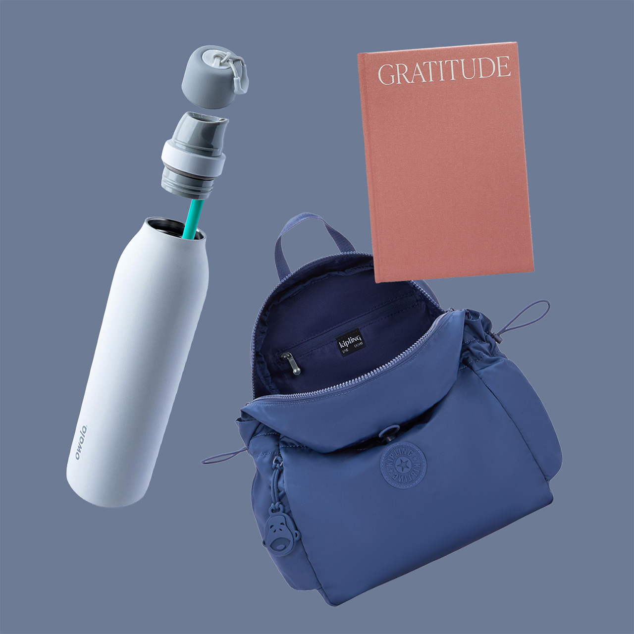 A composition featuring a reusable white water bottle with a grey cap, a pink notebook labelled 'Gratitude', and a blue backpack.