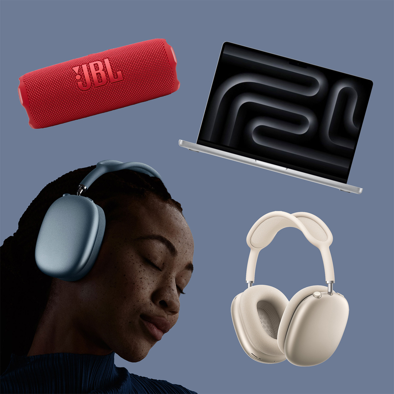 A person with their eyes closed wears large, grey headphones in front of a colourful, abstract background. Above, there is a vintage-style black and copper radio with an antenna. Beside it, a pair of white headphones is displayed.