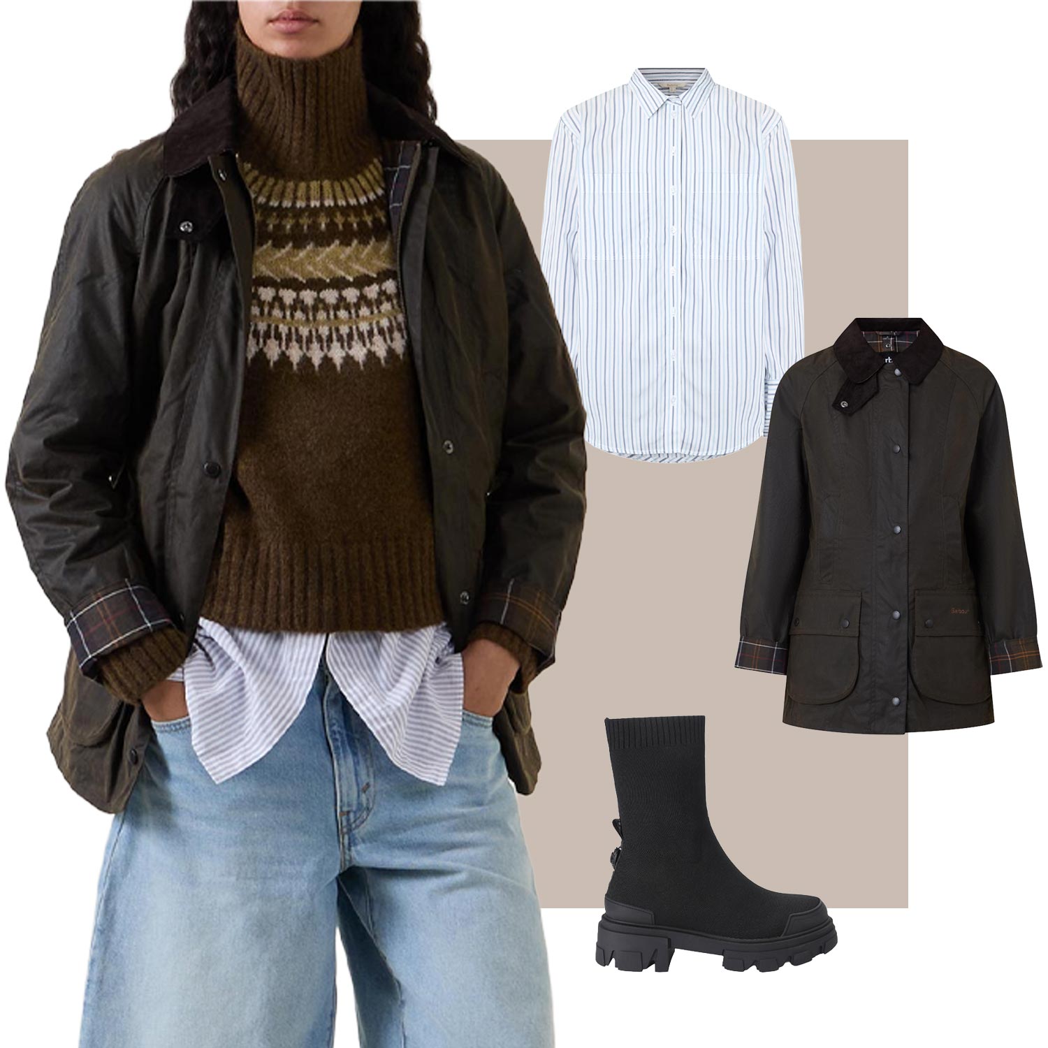 Woman wearing classic black waxed Barbour jacket with chunky knit, styled with white striped shirt, jeans and black lug-sole boot