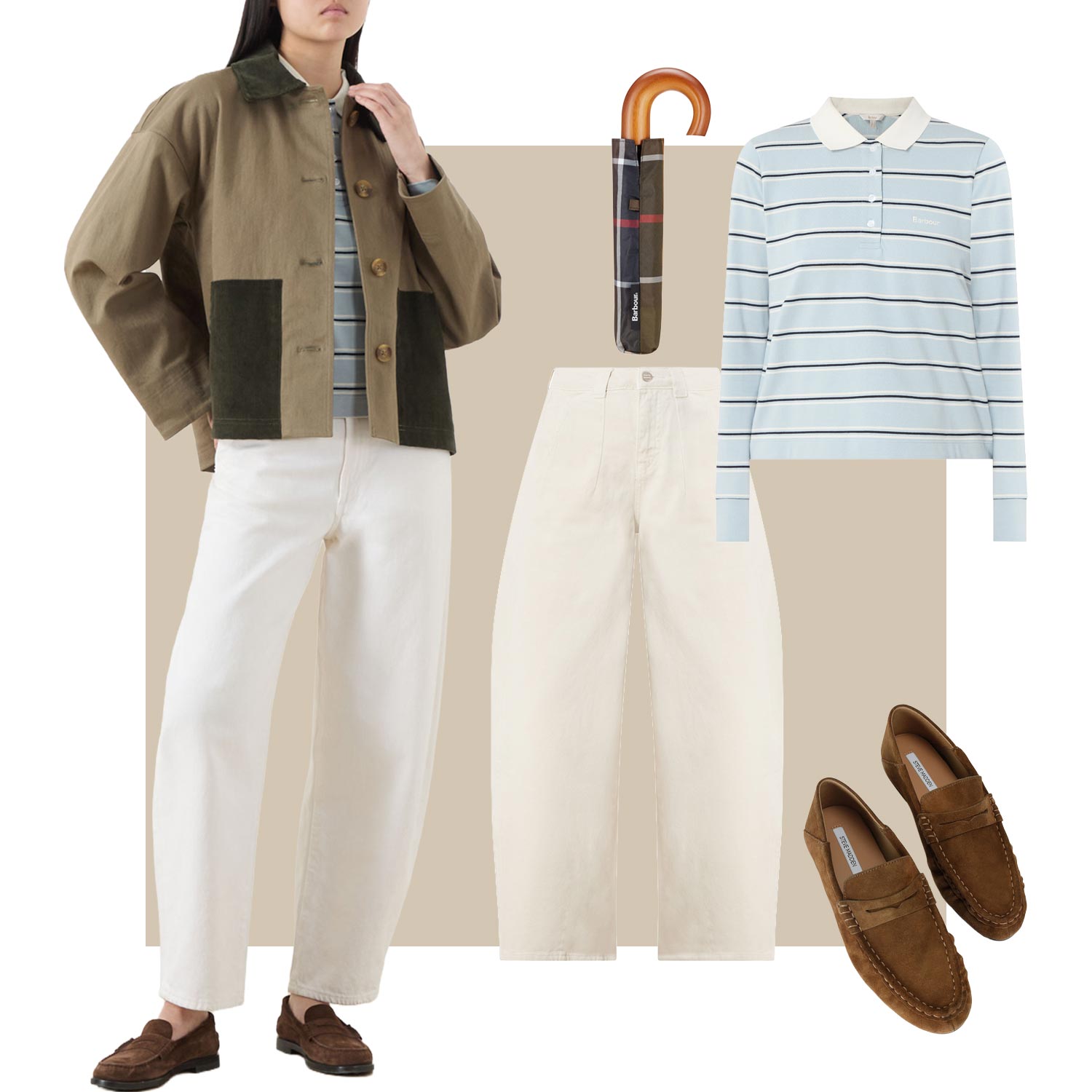 Woman wearing cropped olive and black Barbour jacket with white jeans, styled with striped polo shirt, cream trousers, umbrella and brown loafers