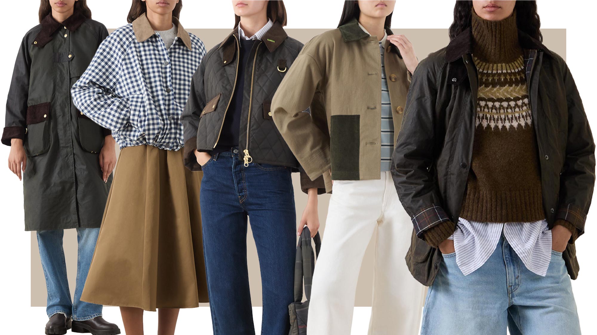 Five women wearing different Barbour jacket styles in autumn/winter colours and patterns, paired with jeans and casual outfits