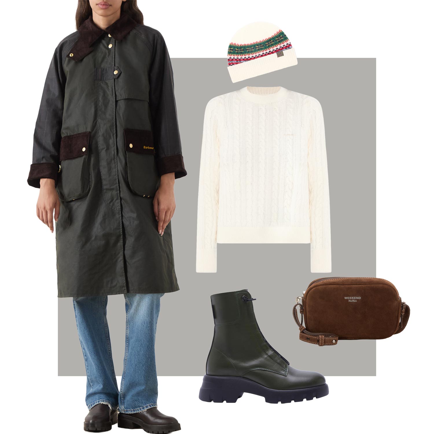 Woman in longline black and burgundy Barbour jacket with cream knit, cream beanie, brown shoulder bag and dark platform boots