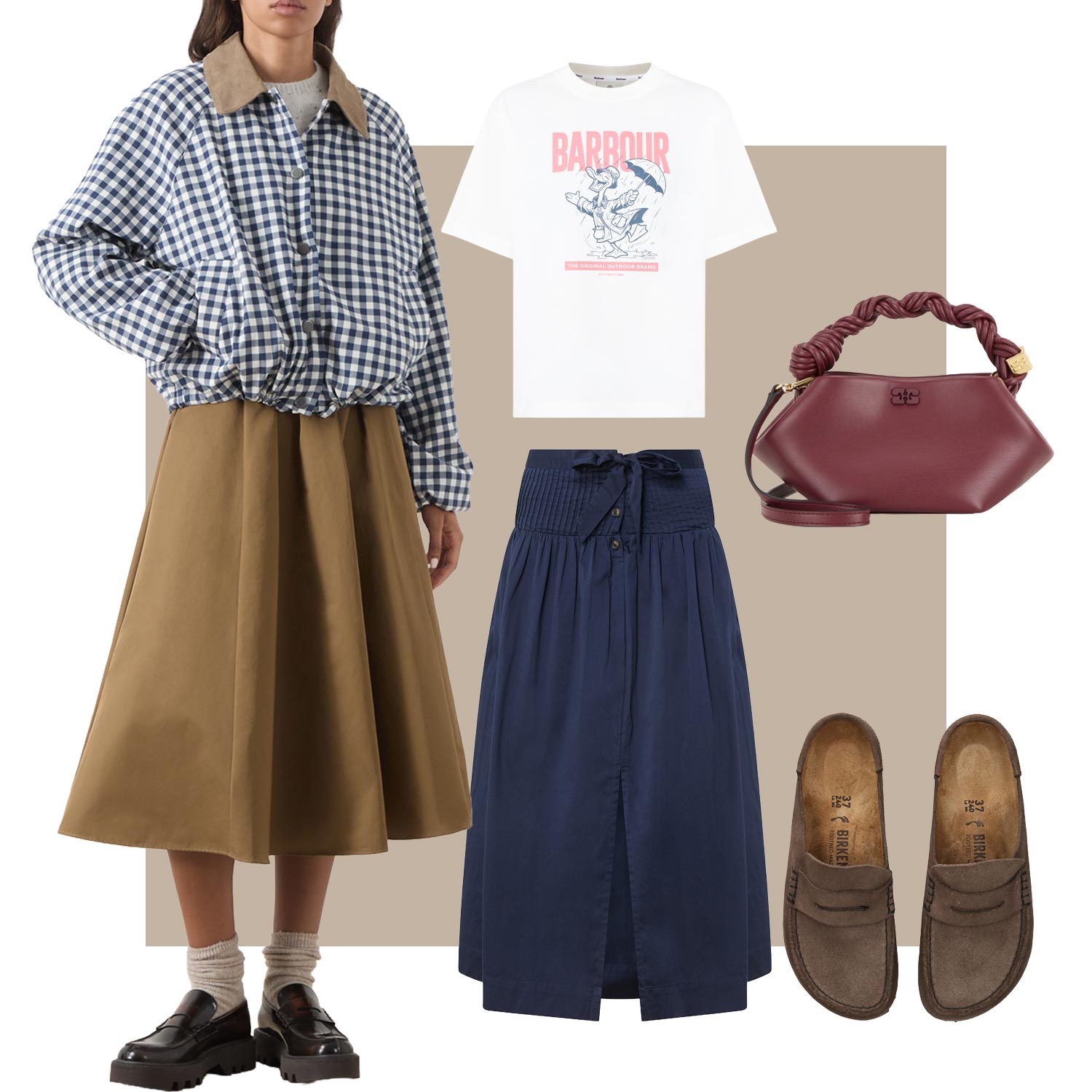 Woman wearing blue and white checked Barbour jacket with tan skirt, navy skirt, burgundy handbag, graphic tee and brown loafers