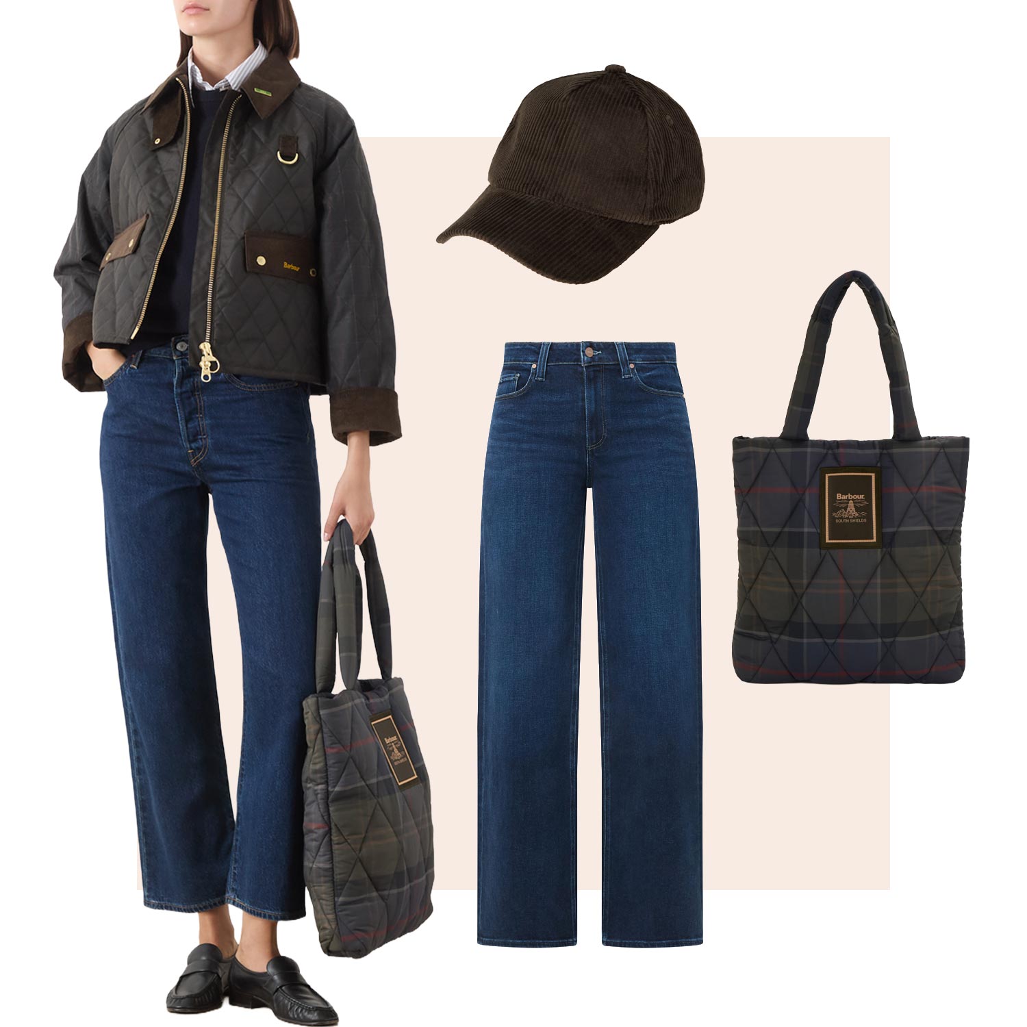 Woman in cropped quilted black Barbour jacket with jeans, black corduroy cap, quilted tote bag and leather loafers