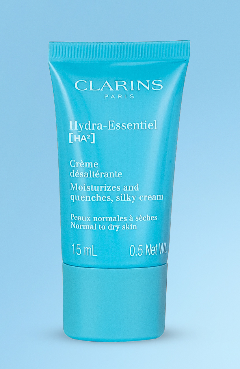 Blue tube of Clarins Hydra-Essentiel moisturizing cream for normal to dry skin, 15 mL.