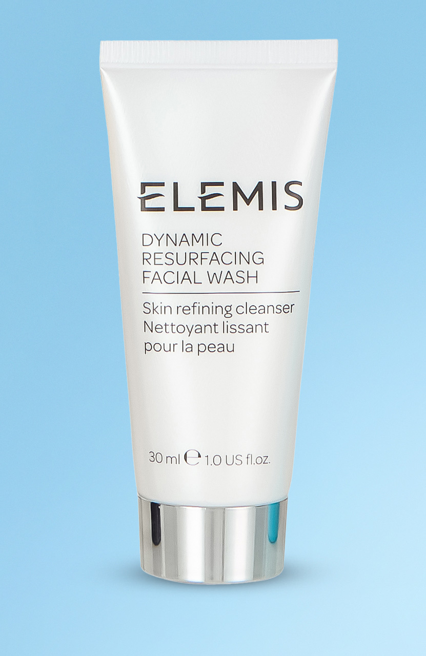 A white tube of Elemis Dynamic Resurfacing Facial Wash, 30 ml size, with a silver cap.