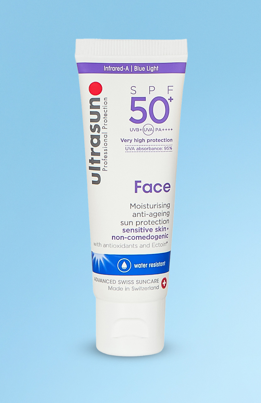 A tube of Ultrasun SPF 50+ sunscreen for the face, offering moisturising, anti-aging, and non-comedogenic protection for sensitive skin.