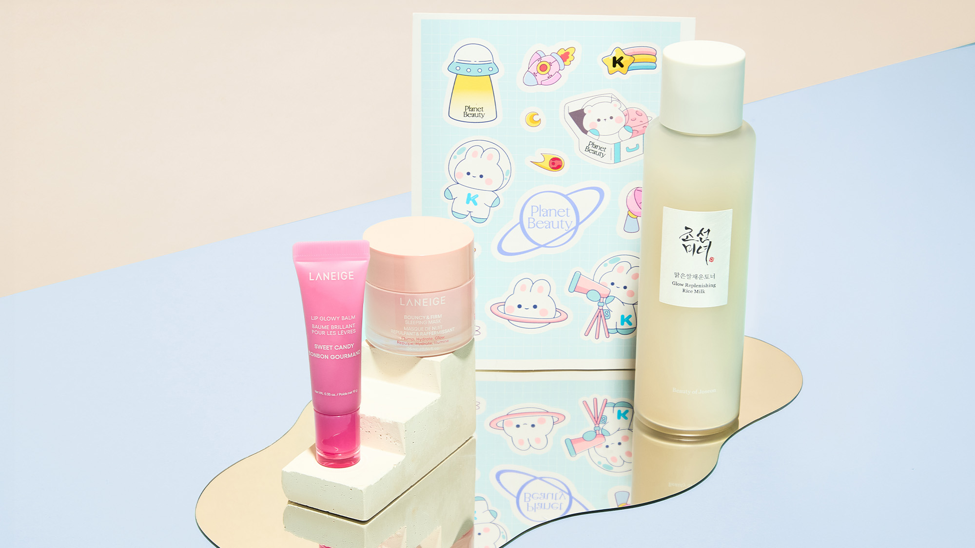 A variety of skincare and beauty products arranged on a light beige background.