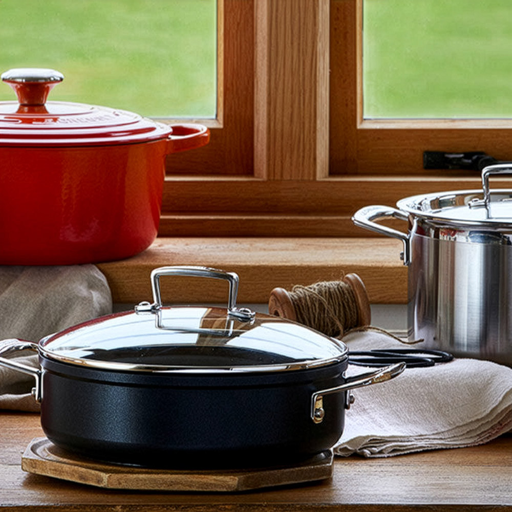 Non-stick cookware collection featuring black frying pan with glass lid and red Le Creuset pot by window