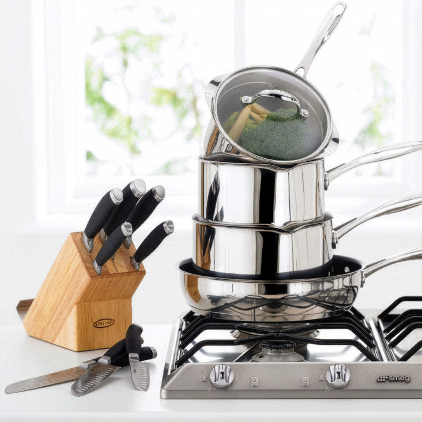 Stainless steel cookware stacked on cooktop with glass lid, wooden knife block, and utensils on worktop