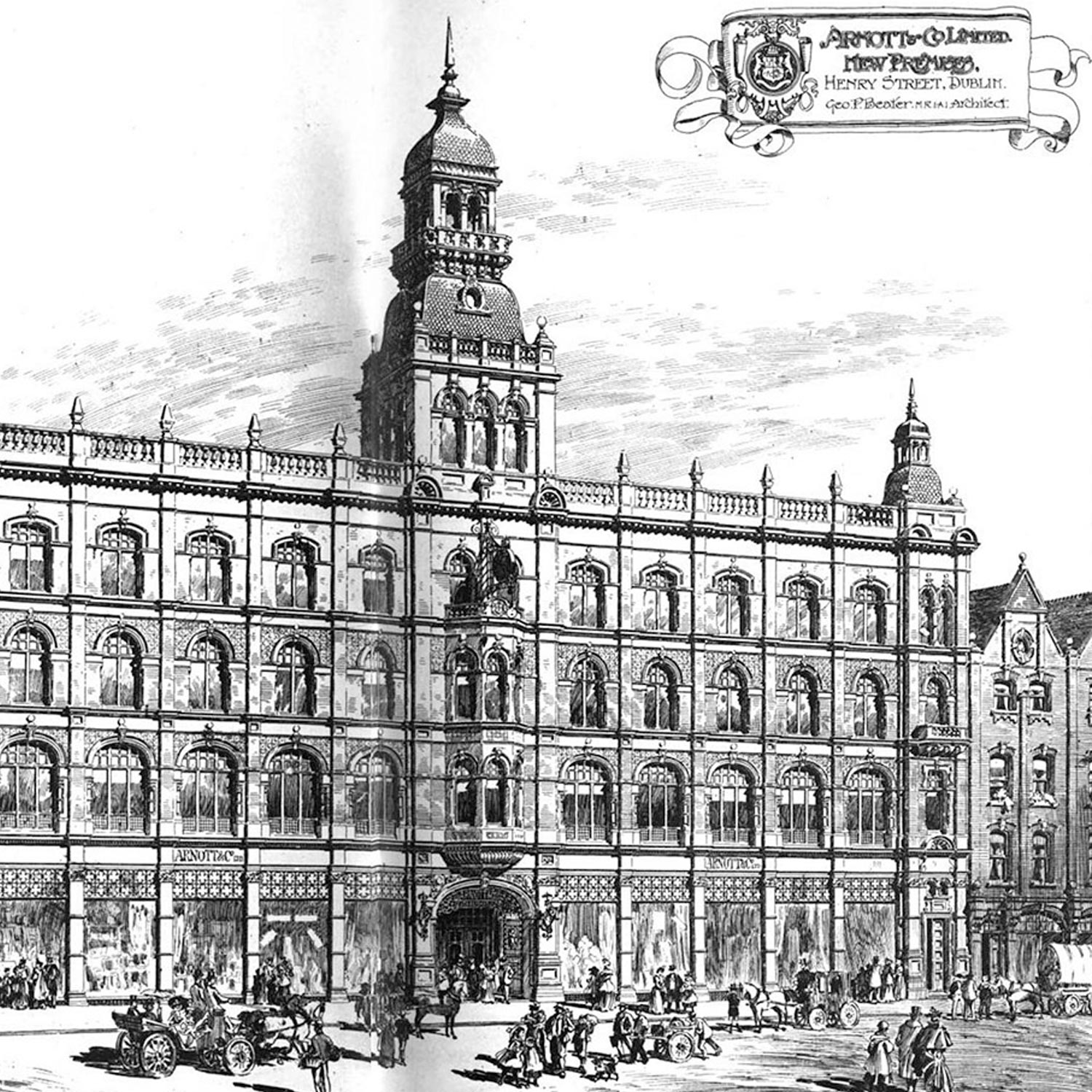 Architectural drawing of ornate Victorian building facade with central tower, multiple storeys and arched windows on Henry Street Dublin