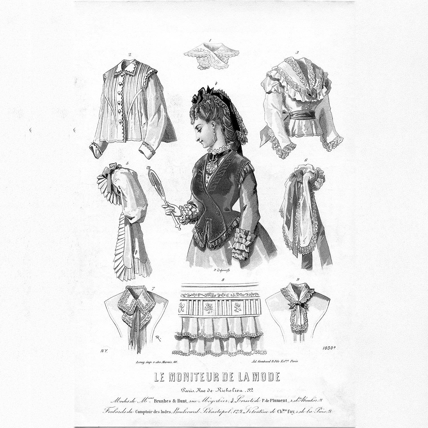 Black and white fashion illustration showing women's clothing and accessories from 1918, including cloaks, collars, cuffs and decorative details