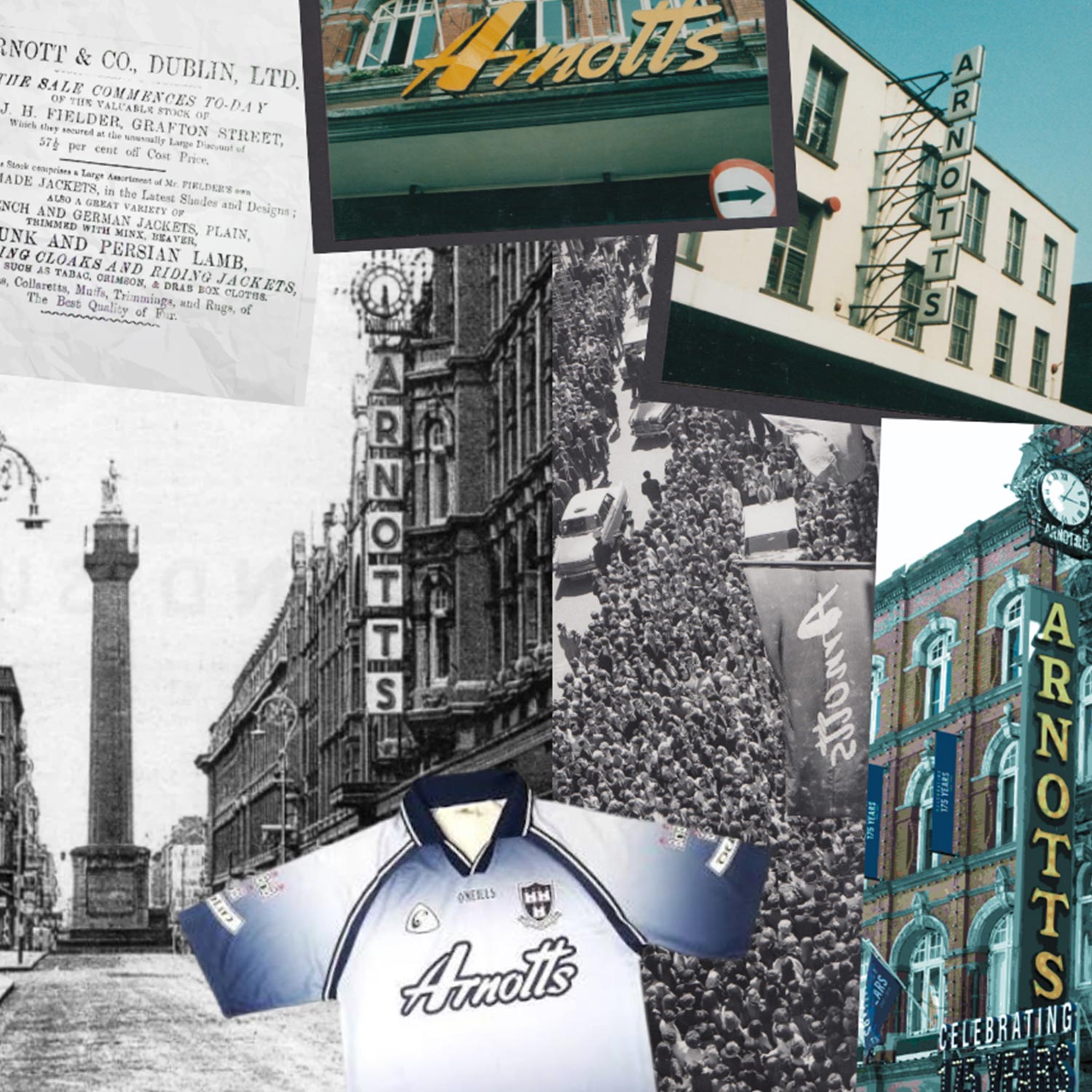 Collage of Arnotts heritage including vintage storefront signage, historic Dublin street scene, vintage rugby jersey, and modern Arnotts building exterior.