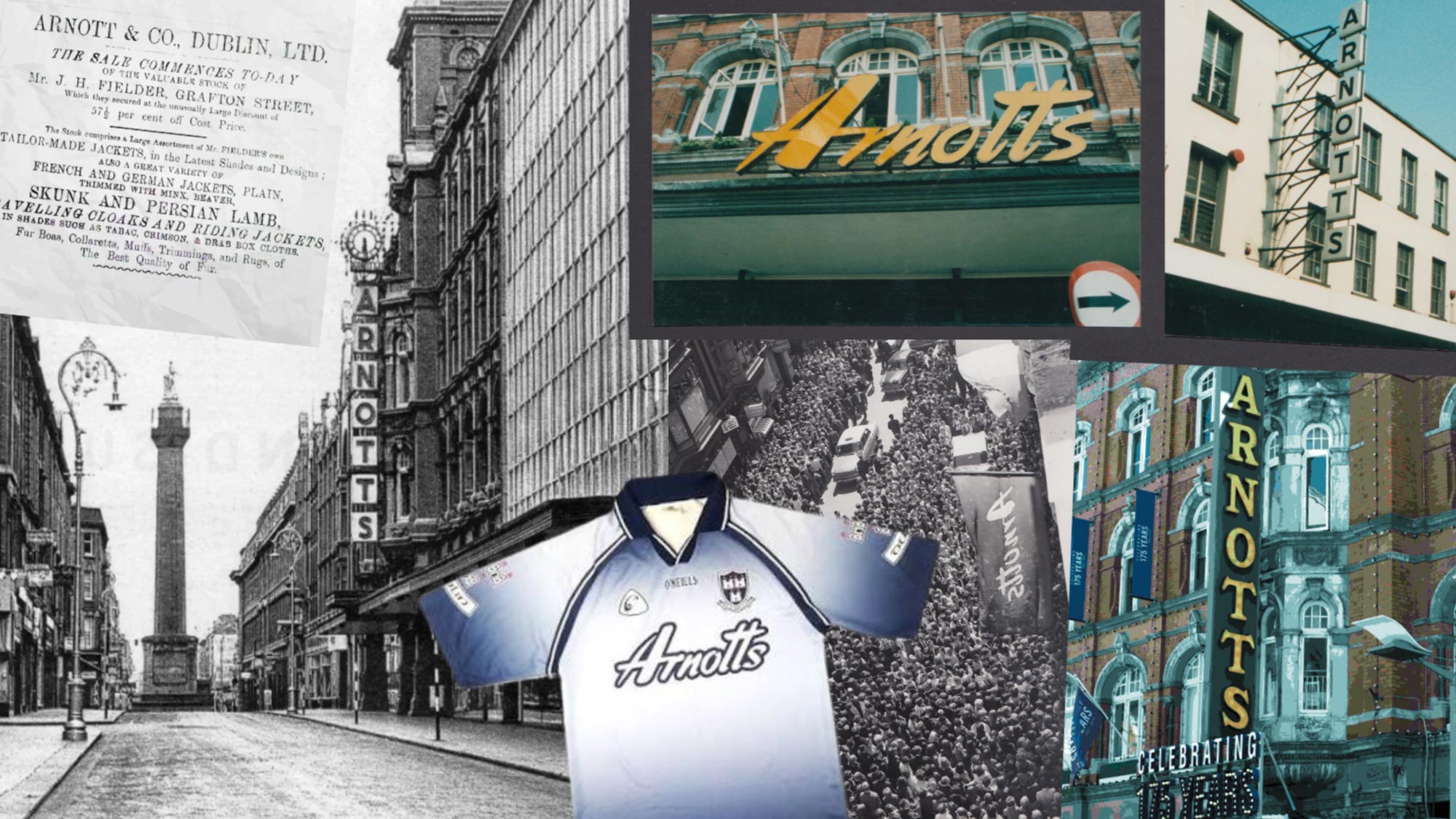 Collage of historical images showing Arnotts' Dublin heritage, including vintage store signage, architectural details, and a branded sports jersey celebrating the department store's legacy since 1843.