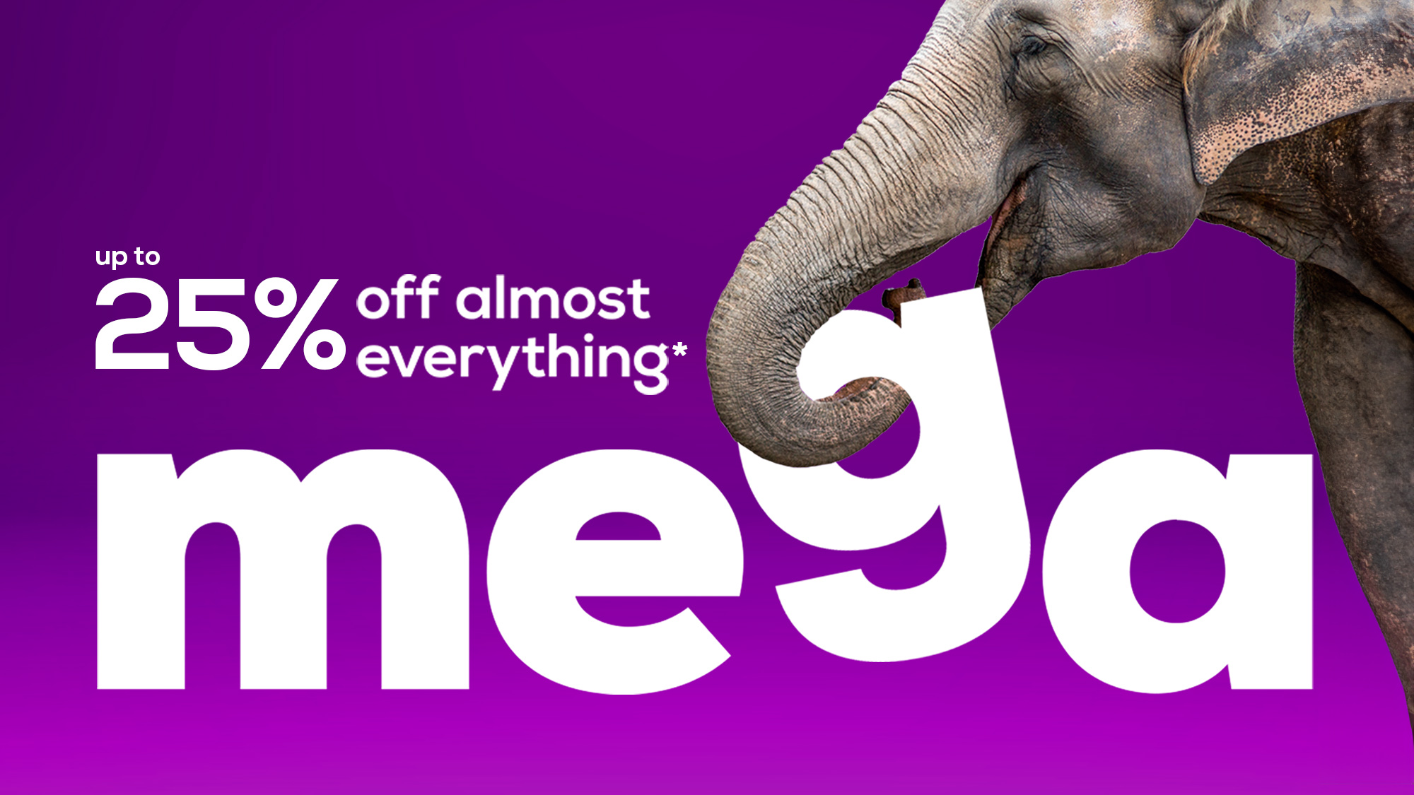 MEGA sale promotion offering up to 25% off almost everything on purple background