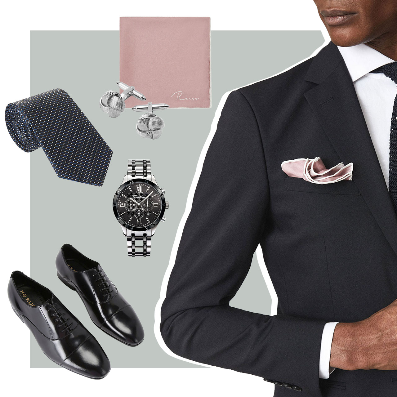 A man in a suit with accessories: shoes, watch, tie, cufflinks, and pocket square.