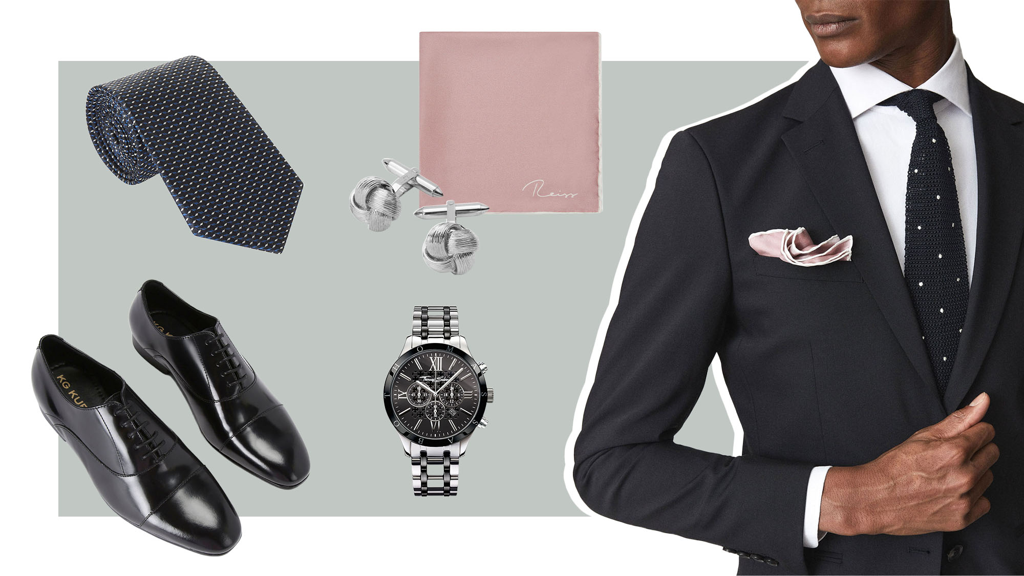 Man in black suit with white shirt and patterned tie, styled with formal shoes, watch, cufflinks, pocket square and tie displayed separately