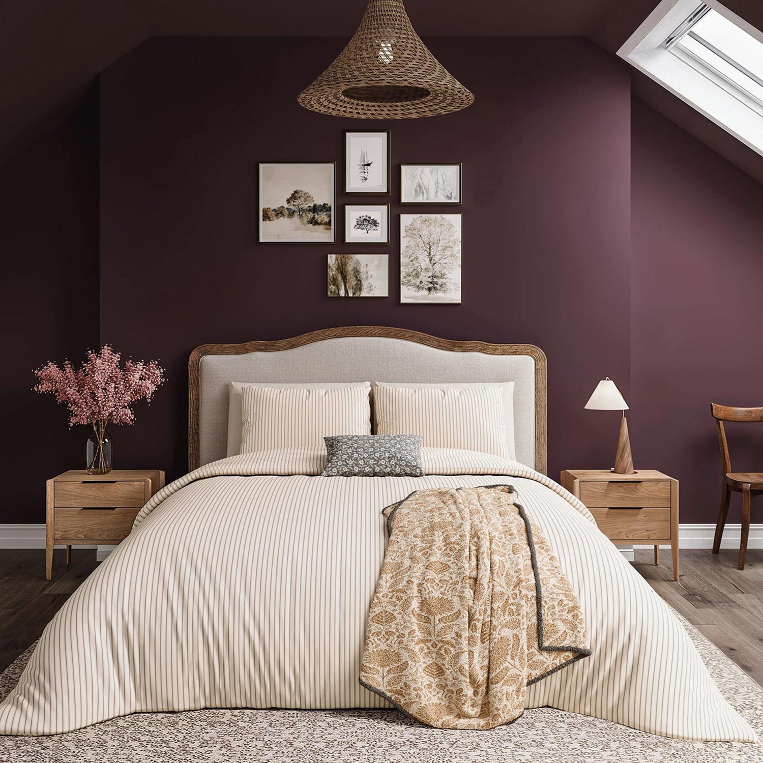 Cozy bedroom with a striped bed, purple accent wall, and gallery art. A skylight, pendant lamp, and wooden nightstands complete the decor.