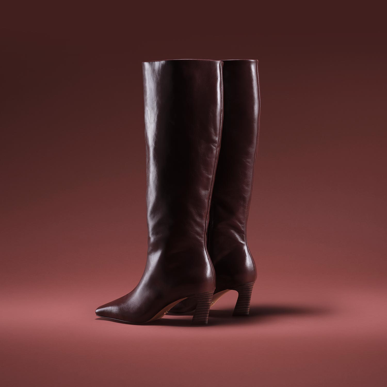 Tall brown leather boots with pointed toes and block heels on a brown background.