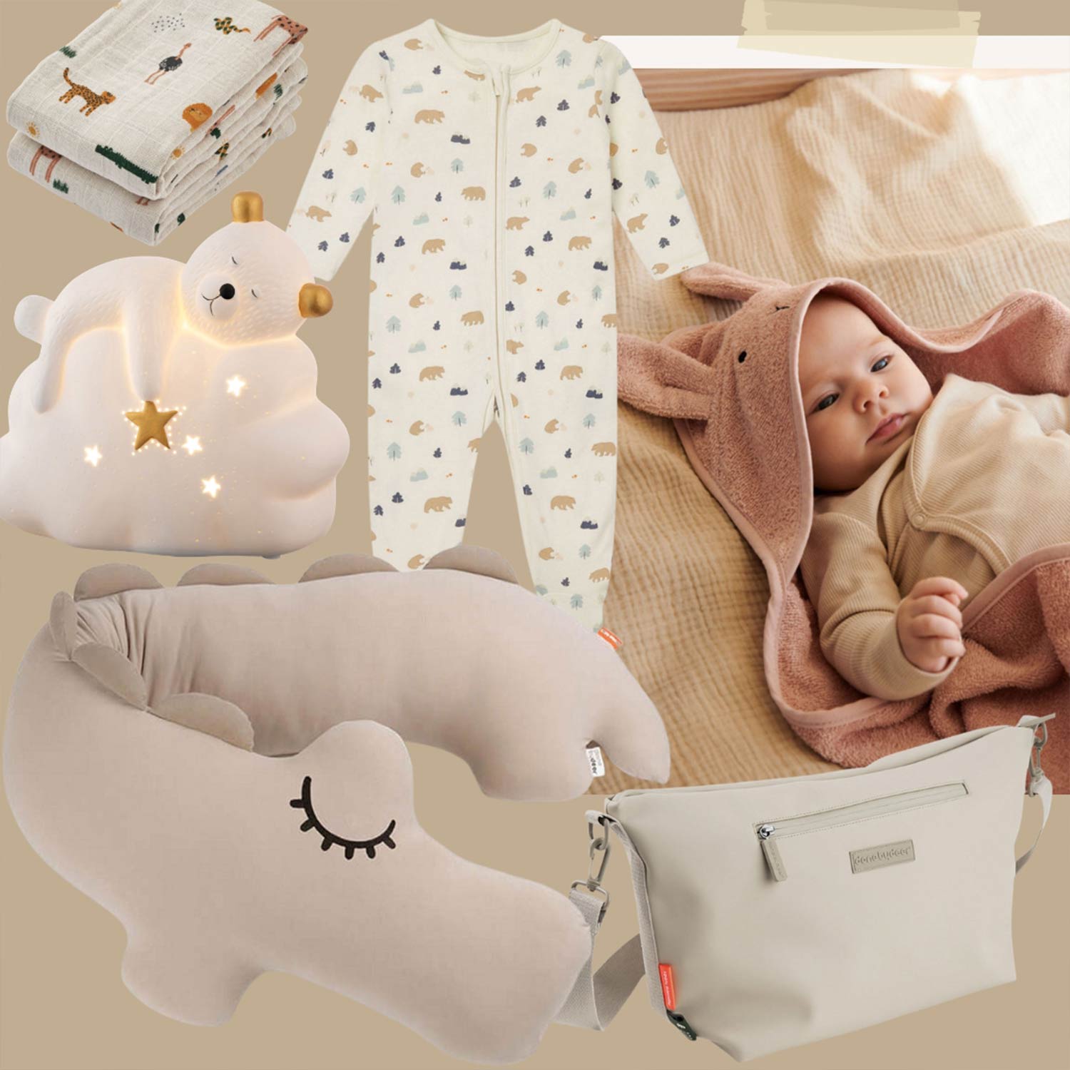 Newborn essentials including clothing, nightlight, sleep bag, muslin cloths, changing bag and accessories displayed on neutral background.