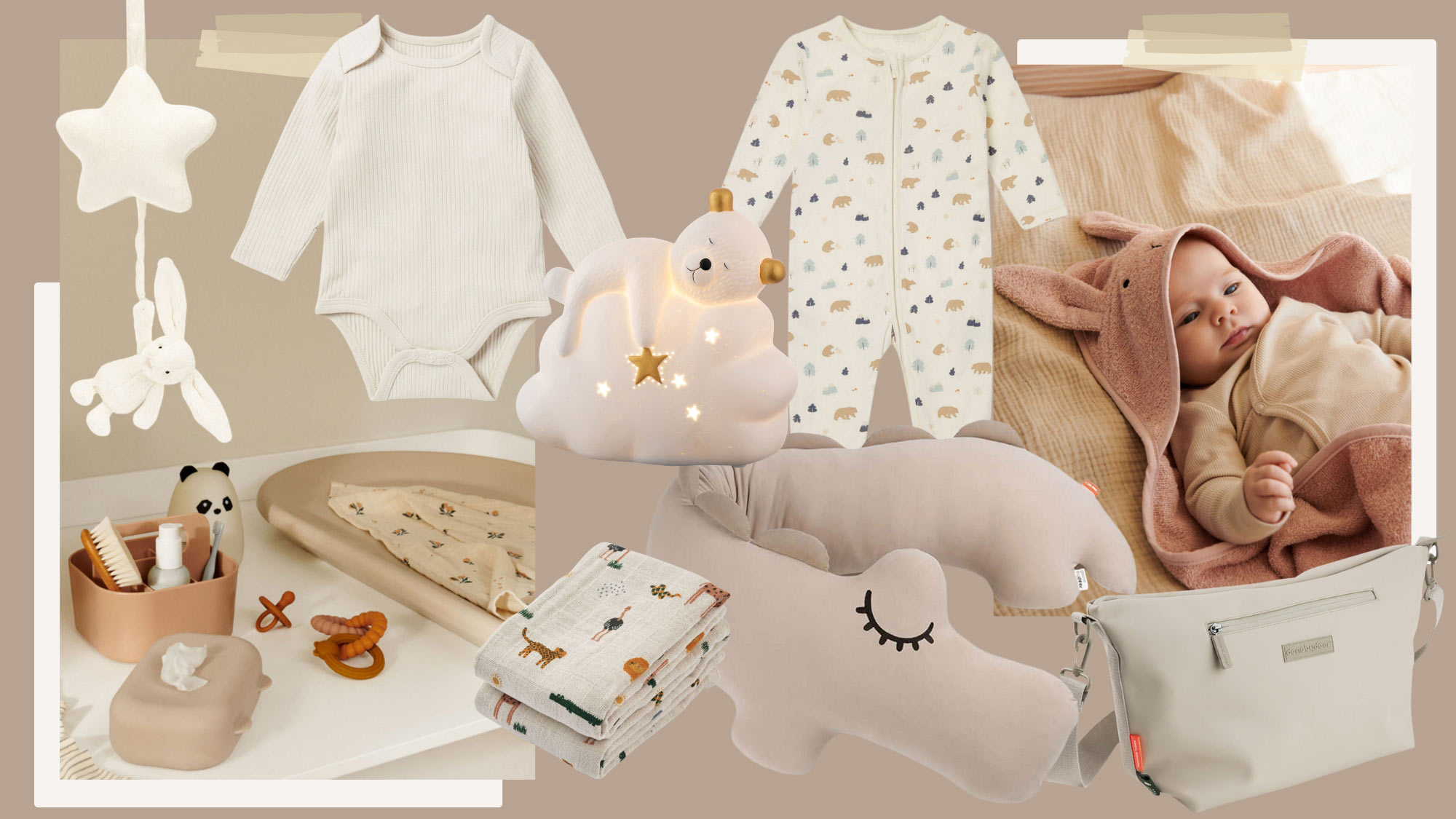 Nursery essentials and newborn items including white star mobile, cream bodysuit, patterned sleepsuit, cloud nightlight, muslin cloths, baby care products, and infant in hooded towel.