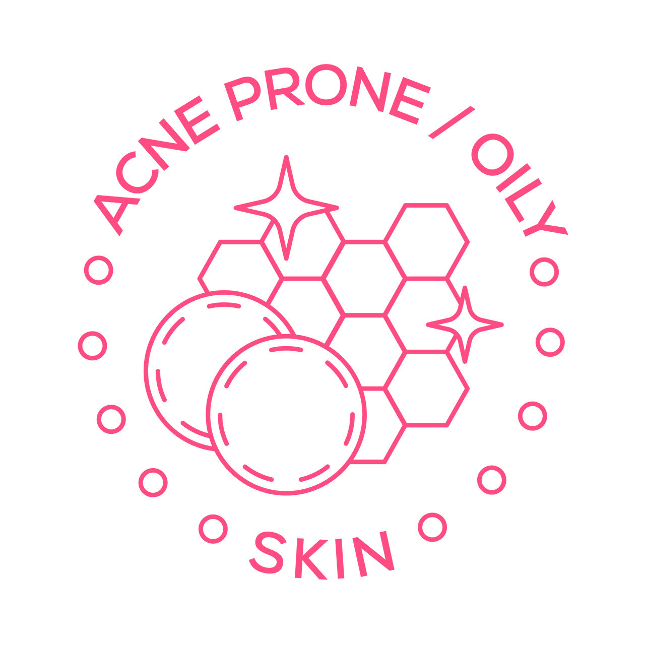 Pink illustration of skincare concept for oily or acne-prone skin, featuring hexagons and circles.