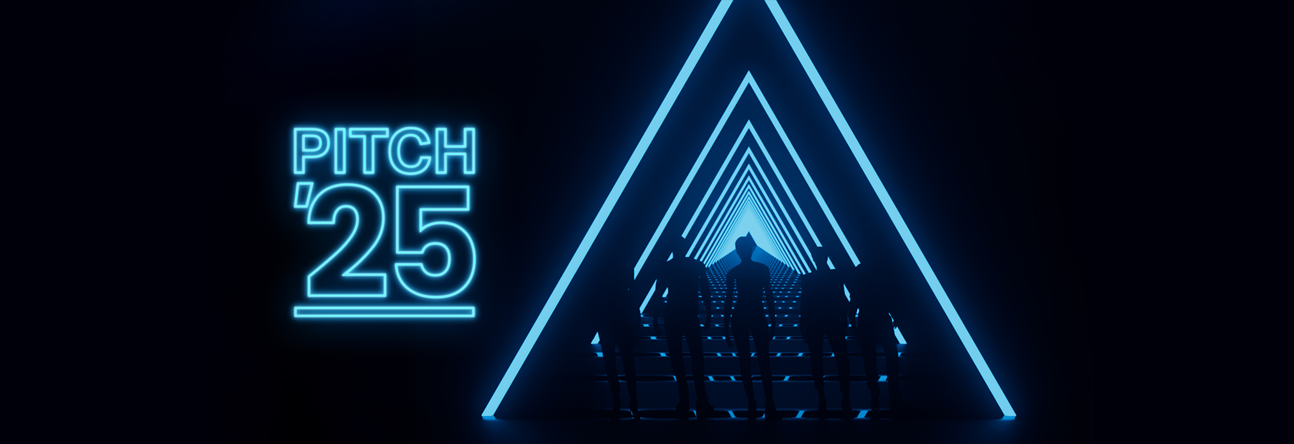 Neon blue triangles surround silhouetted figures, with 'Pitch '25' illuminated on the left.