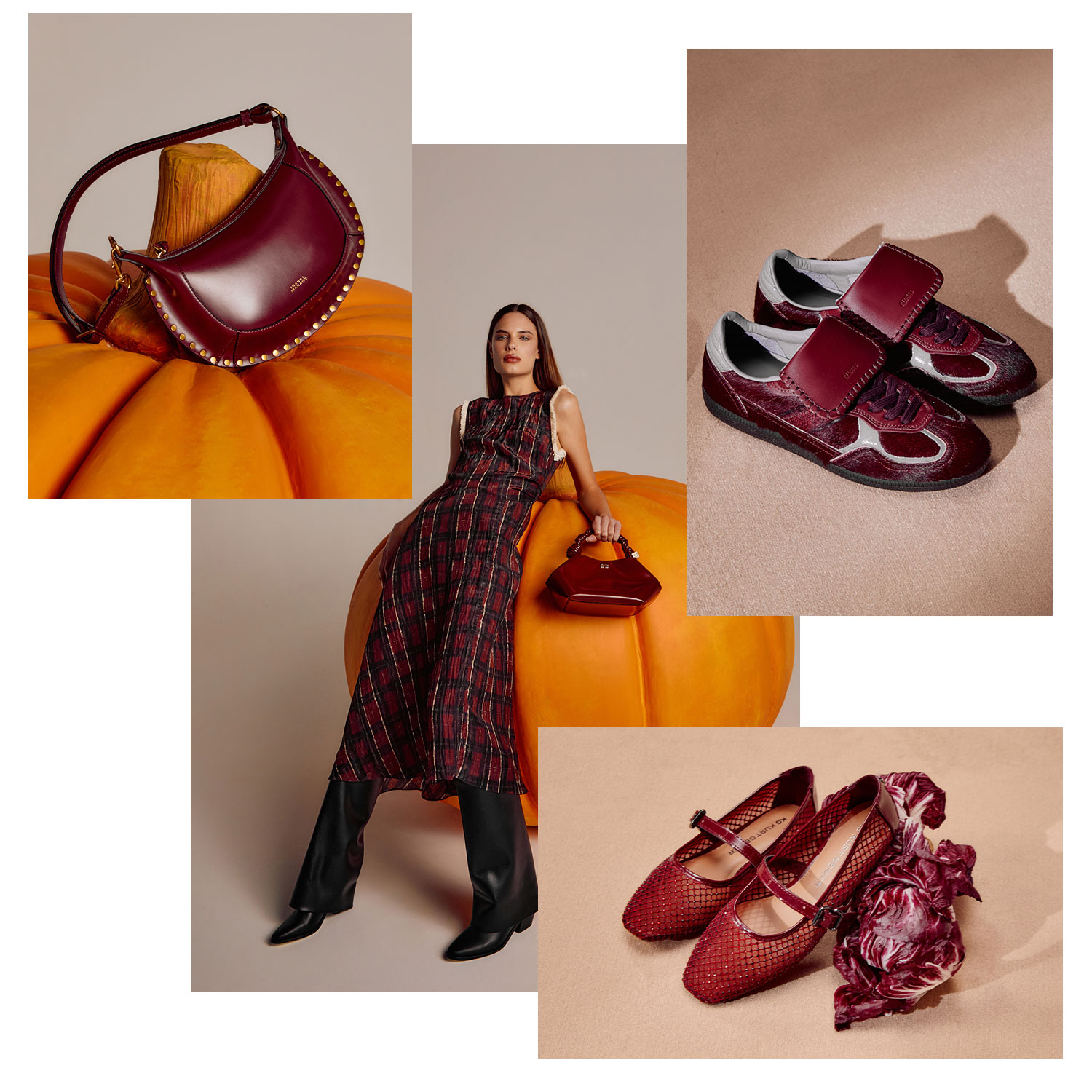 Collage of a woman in a plaid dress with a red handbag, surrounded by red shoes and a red purse on a pumpkin background.